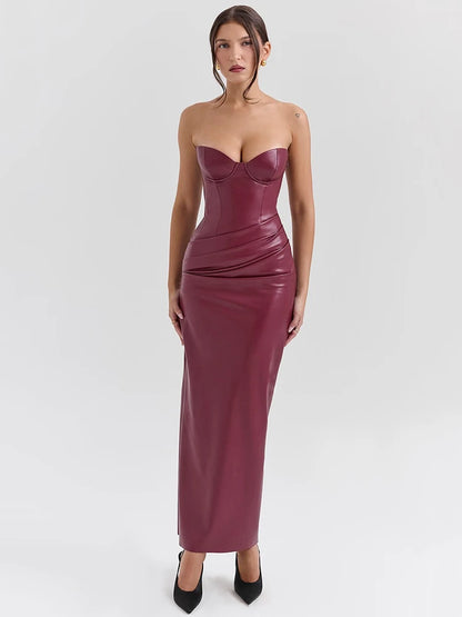 Wine Red Strapless Sexy PU Leather Maxi Dress Women Fashion Off-shoulder Backless Lace-up Bodycon Club Party Long Dress