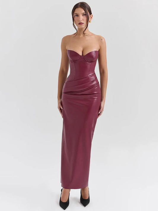 Wine Red Strapless Sexy PU Leather Maxi Dress Women Fashion Off-shoulder Backless Lace-up Bodycon Club Party Long Dress