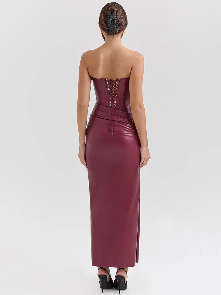 Wine Red Strapless Sexy PU Leather Maxi Dress Women Fashion Off-shoulder Backless Lace-up Bodycon Club Party Long Dress
