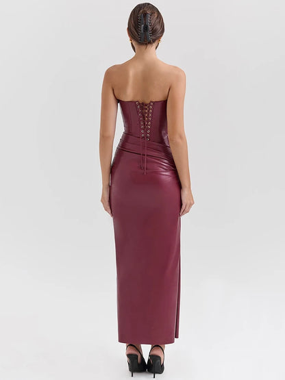 Wine Red Strapless Sexy PU Leather Maxi Dress Women Fashion Off-shoulder Backless Lace-up Bodycon Club Party Long Dress