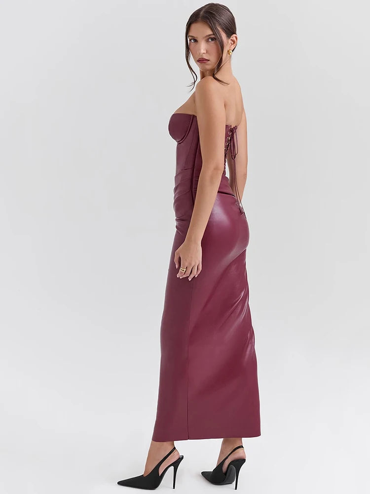 Wine Red Strapless Sexy PU Leather Maxi Dress Women Fashion Off-shoulder Backless Lace-up Bodycon Club Party Long Dress