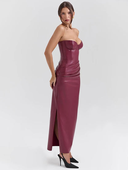 Wine Red Strapless Sexy PU Leather Maxi Dress Women Fashion Off-shoulder Backless Lace-up Bodycon Club Party Long Dress