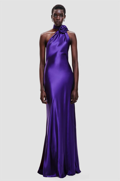 Vestido maxi de satén floral con cuello halter Verna 