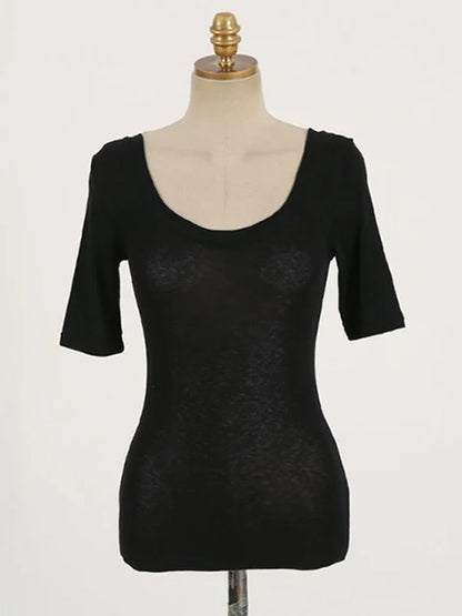 Camiseta de algodón ajustada y sexy para mujer, ropa informal con cuello redondo, estilo coreano, elástica, color negro, para verano, 2025