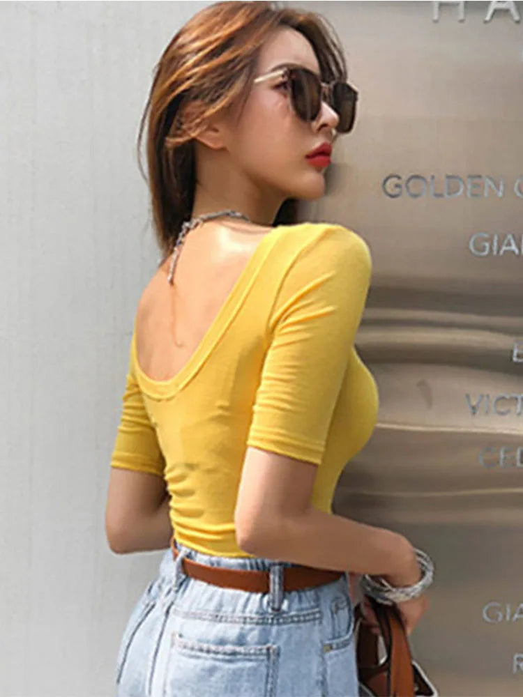 Camiseta de algodón ajustada y sexy para mujer, ropa informal con cuello redondo, estilo coreano, elástica, color negro, para verano, 2025