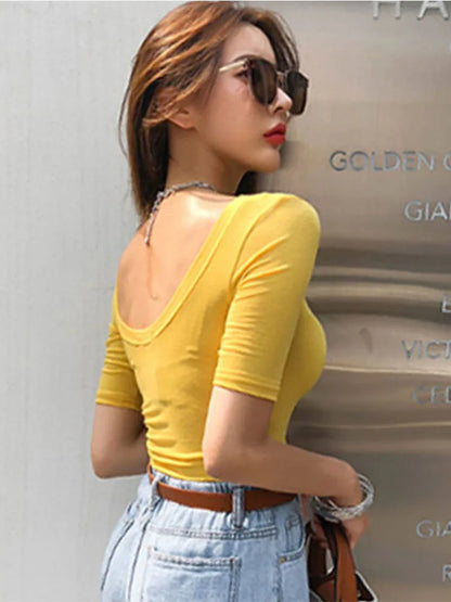 Camiseta de algodón ajustada y sexy para mujer, ropa informal con cuello redondo, estilo coreano, elástica, color negro, para verano, 2025