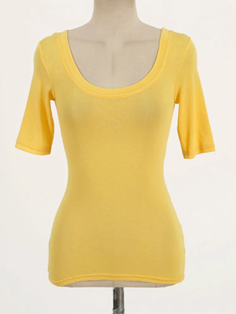 Camiseta de algodón ajustada y sexy para mujer, ropa informal con cuello redondo, estilo coreano, elástica, color negro, para verano, 2025