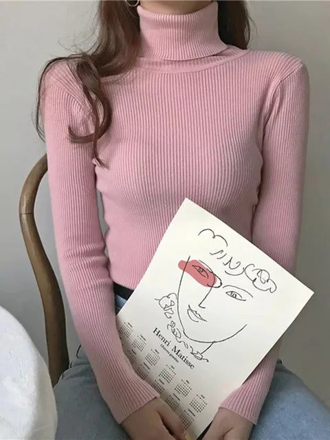 Suéter de cuello alto para mujer, jersey de manga larga ajustado, elástico, coreano, sencillo, básico, económico, de color liso, novedad de 2025