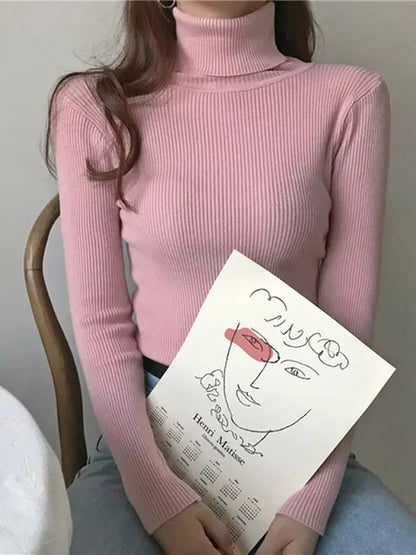Suéter de cuello alto para mujer, jersey de manga larga ajustado, elástico, coreano, sencillo, básico, económico, de color liso, novedad de 2025