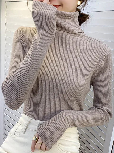 Suéter de cuello alto para mujer, jersey de manga larga ajustado, elástico, coreano, sencillo, básico, económico, de color liso, novedad de 2025