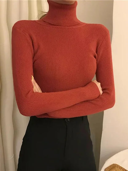 Suéter de cuello alto para mujer, jersey de manga larga ajustado, elástico, coreano, sencillo, básico, económico, de color liso, novedad de 2025