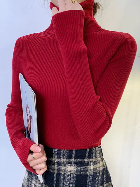 Suéter de cuello alto para mujer, jersey de manga larga ajustado, elástico, coreano, sencillo, básico, económico, de color liso, novedad de 2025
