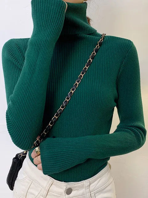 Suéter de cuello alto para mujer, jersey de manga larga ajustado, elástico, coreano, sencillo, básico, económico, de color liso, novedad de 2025