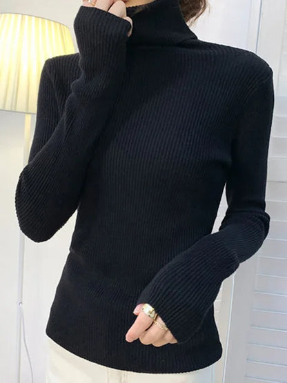 Suéter de cuello alto para mujer, jersey de manga larga ajustado, elástico, coreano, sencillo, básico, económico, de color liso, novedad de 2025