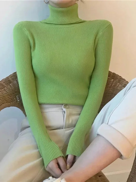 Suéter de cuello alto para mujer, jersey de manga larga ajustado, elástico, coreano, sencillo, básico, económico, de color liso, novedad de 2025