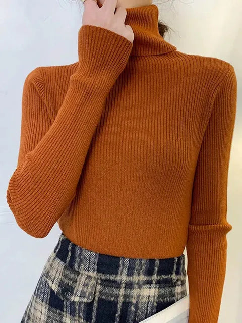 Suéter de cuello alto para mujer, jersey de manga larga ajustado, elástico, coreano, sencillo, básico, económico, de color liso, novedad de 2025