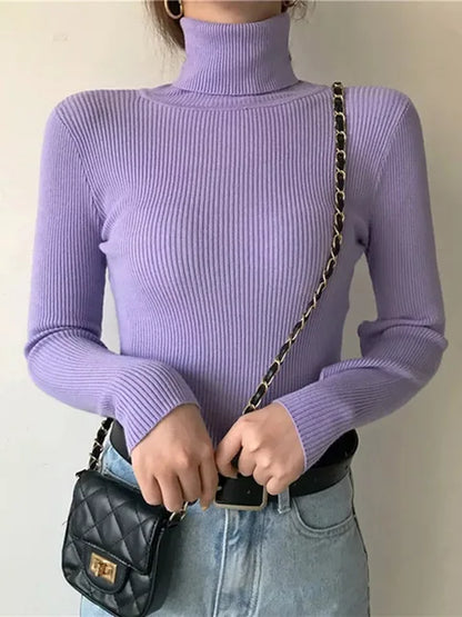Suéter de cuello alto para mujer, jersey de manga larga ajustado, elástico, coreano, sencillo, básico, económico, de color liso, novedad de 2025