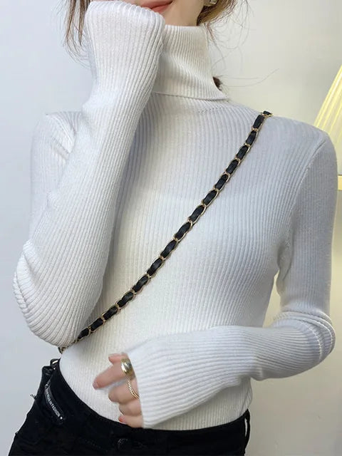 Suéter de cuello alto para mujer, jersey de manga larga ajustado, elástico, coreano, sencillo, básico, económico, de color liso, novedad de 2025