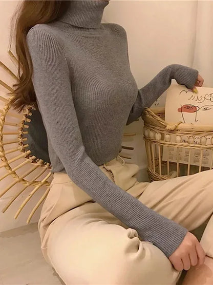 Suéter de cuello alto para mujer, jersey de manga larga ajustado, elástico, coreano, sencillo, básico, económico, de color liso, novedad de 2025