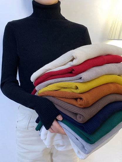 Suéter de cuello alto para mujer, jersey de manga larga ajustado, elástico, coreano, sencillo, básico, económico, de color liso, novedad de 2025