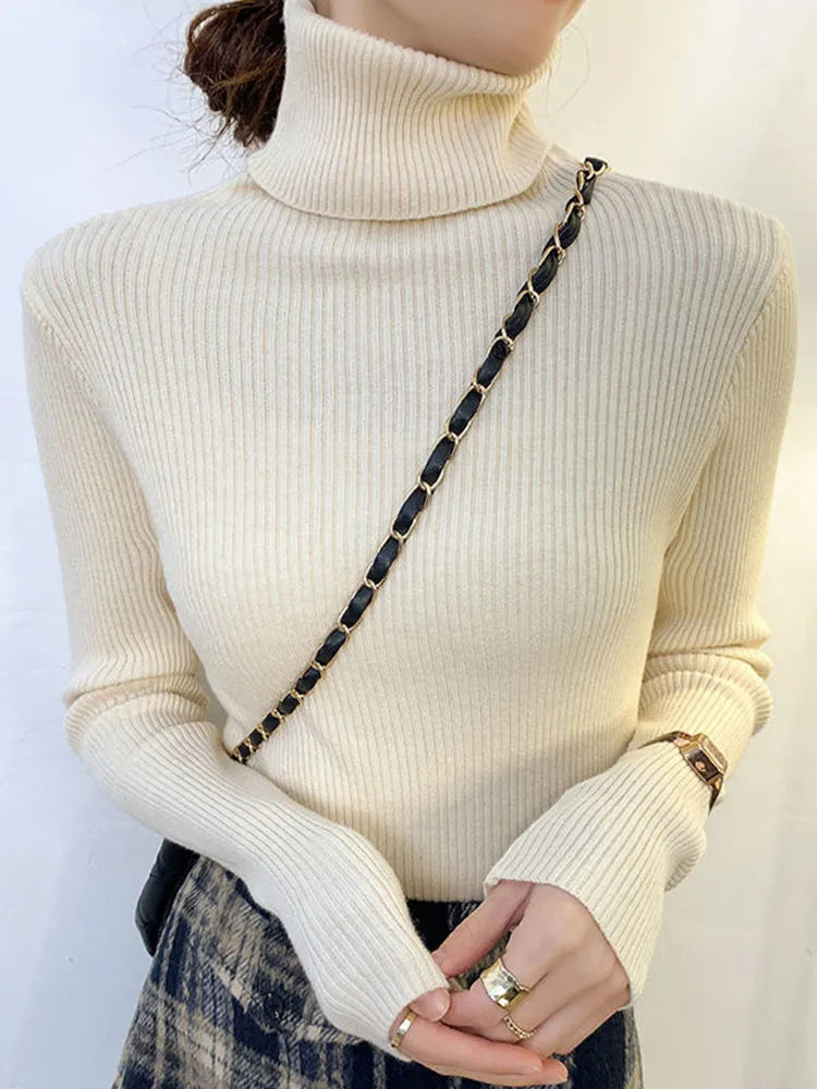 Suéter de cuello alto para mujer, jersey de manga larga ajustado, elástico, coreano, sencillo, básico, económico, de color liso, novedad de 2025