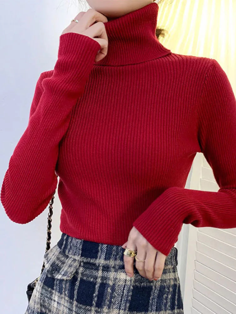 Suéter de cuello alto para mujer, jersey de manga larga ajustado, elástico, coreano, sencillo, básico, económico, de color liso, novedad de 2025