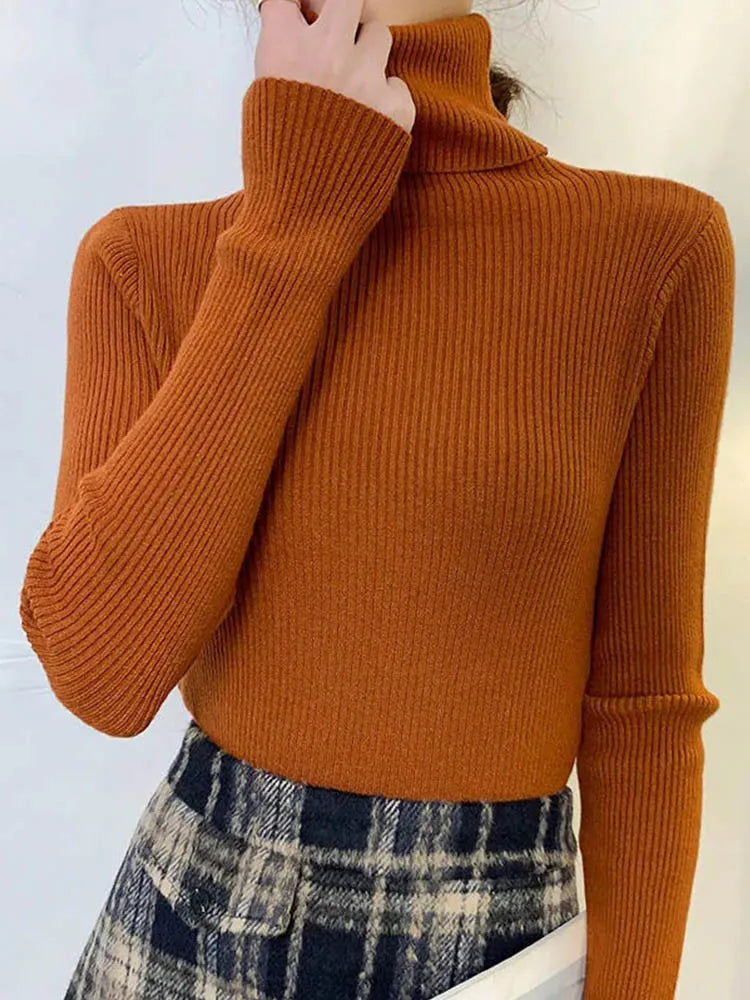 Suéter de cuello alto para mujer, jersey de manga larga ajustado, elástico, coreano, sencillo, básico, económico, de color liso, novedad de 2025