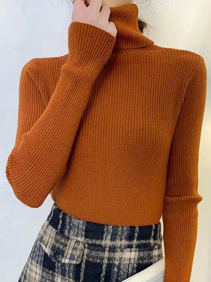 Suéter de cuello alto para mujer, jersey de manga larga ajustado, elástico, coreano, sencillo, básico, económico, de color liso, novedad de 2025