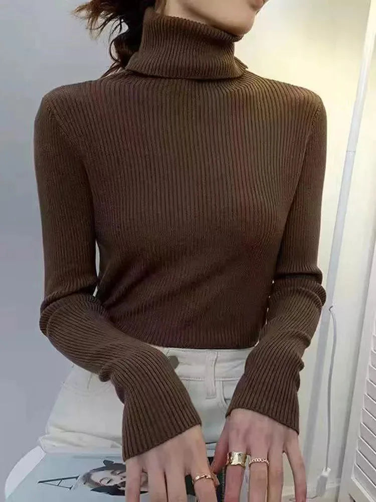 Suéter de cuello alto para mujer, jersey de manga larga ajustado, elástico, coreano, sencillo, básico, económico, de color liso, novedad de 2025