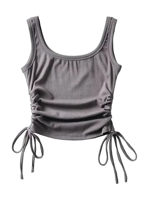 Recién llegado, camiseta informal para niñas, color sólido, con cordón ajustable en dos lados, fruncido, sexy, sin mangas y camisola.