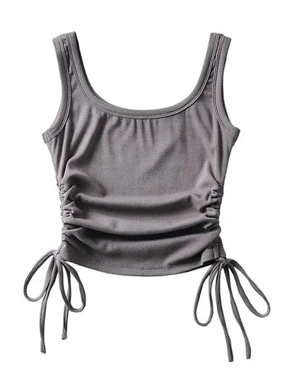 Recién llegado, camiseta informal para niñas, color sólido, con cordón ajustable en dos lados, fruncido, sexy, sin mangas y camisola.