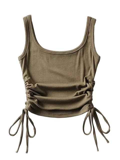 Recién llegado, camiseta informal para niñas, color sólido, con cordón ajustable en dos lados, fruncido, sexy, sin mangas y camisola.