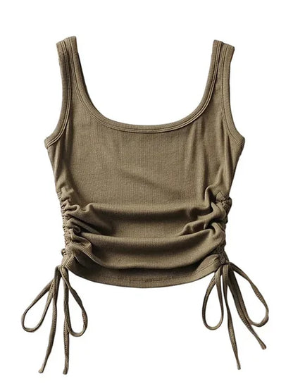 Recién llegado, camiseta informal para niñas, color sólido, con cordón ajustable en dos lados, fruncido, sexy, sin mangas y camisola.