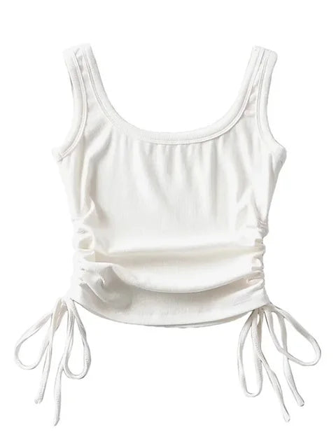 Recién llegado, camiseta informal para niñas, color sólido, con cordón ajustable en dos lados, fruncido, sexy, sin mangas y camisola.