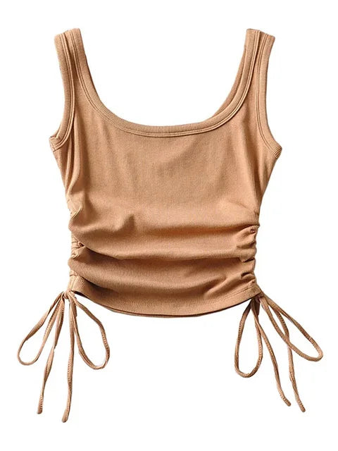 Recién llegado, camiseta informal para niñas, color sólido, con cordón ajustable en dos lados, fruncido, sexy, sin mangas y camisola.