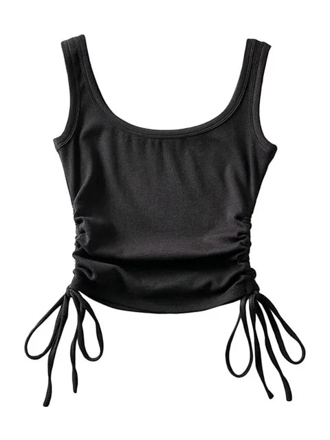 Recién llegado, camiseta informal para niñas, color sólido, con cordón ajustable en dos lados, fruncido, sexy, sin mangas y camisola.