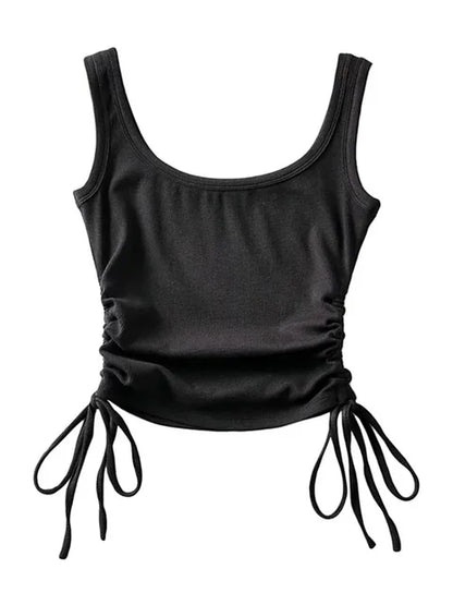 Recién llegado, camiseta informal para niñas, color sólido, con cordón ajustable en dos lados, fruncido, sexy, sin mangas y camisola.