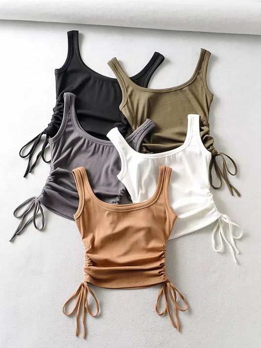Recién llegado, camiseta informal para niñas, color sólido, con cordón ajustable en dos lados, fruncido, sexy, sin mangas y camisola.