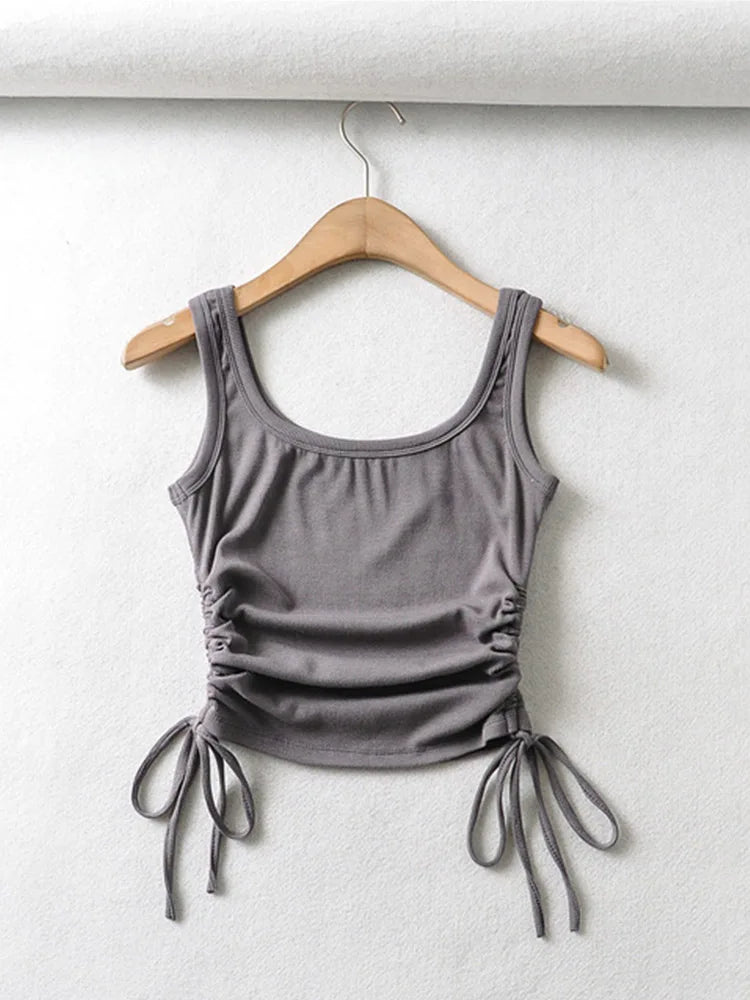 Recién llegado, camiseta informal para niñas, color sólido, con cordón ajustable en dos lados, fruncido, sexy, sin mangas y camisola.