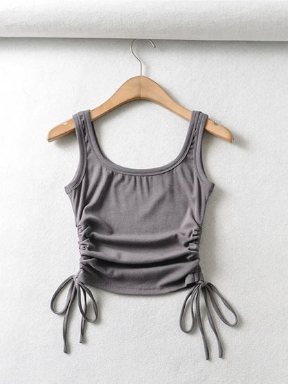 Recién llegado, camiseta informal para niñas, color sólido, con cordón ajustable en dos lados, fruncido, sexy, sin mangas y camisola.