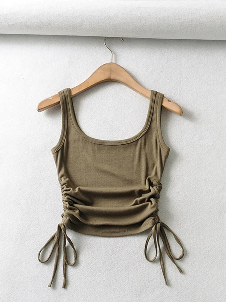 Recién llegado, camiseta informal para niñas, color sólido, con cordón ajustable en dos lados, fruncido, sexy, sin mangas y camisola.