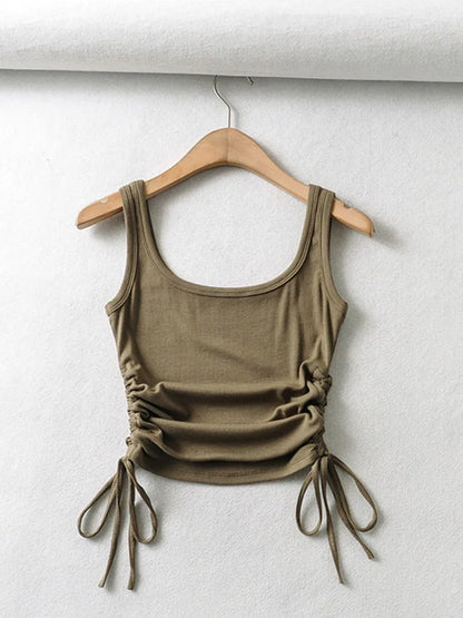 Recién llegado, camiseta informal para niñas, color sólido, con cordón ajustable en dos lados, fruncido, sexy, sin mangas y camisola.