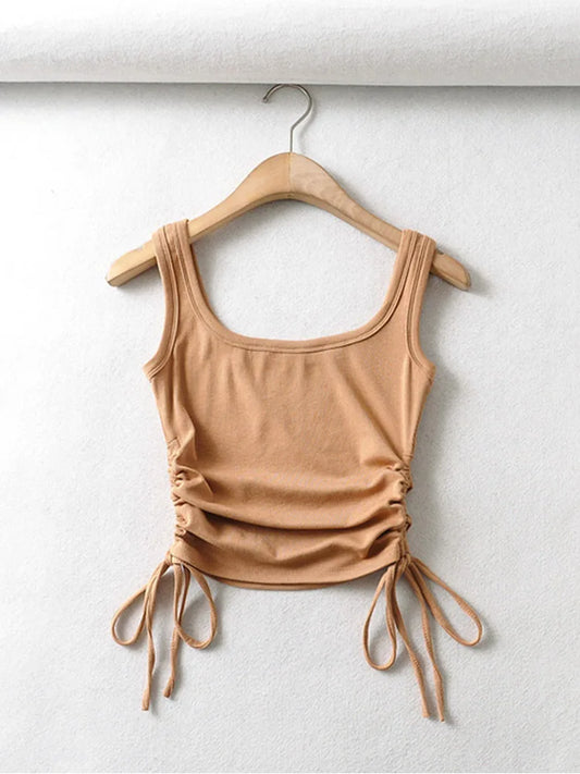 Recién llegado, camiseta informal para niñas, color sólido, con cordón ajustable en dos lados, fruncido, sexy, sin mangas y camisola.