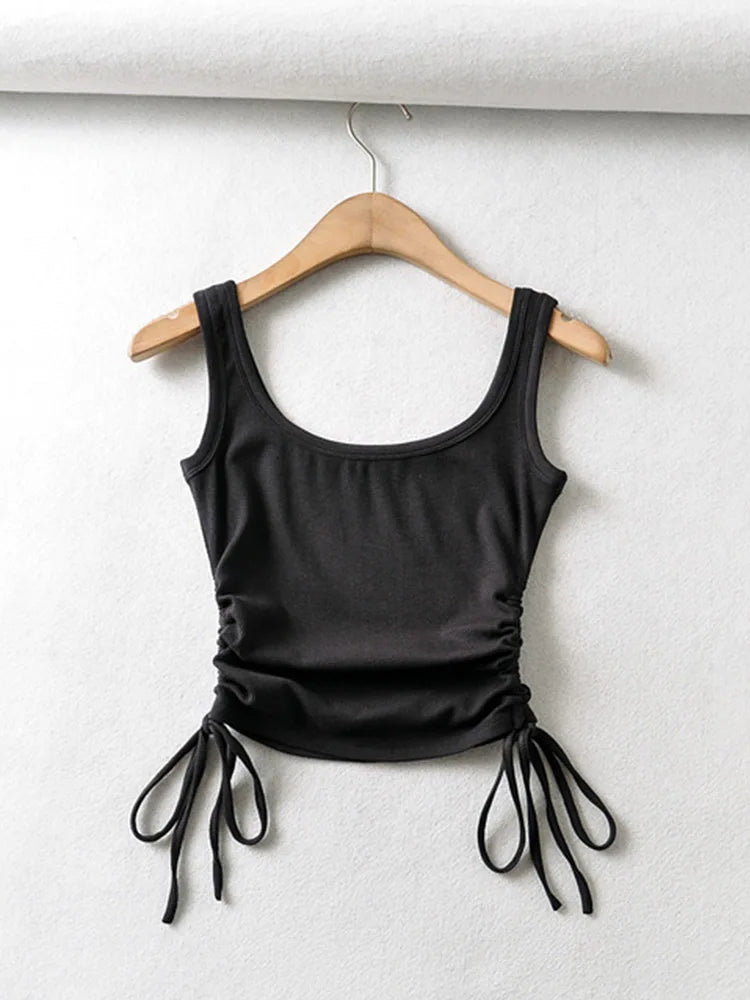 Recién llegado, camiseta informal para niñas, color sólido, con cordón ajustable en dos lados, fruncido, sexy, sin mangas y camisola.