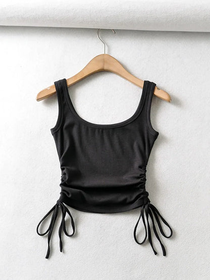 Recién llegado, camiseta informal para niñas, color sólido, con cordón ajustable en dos lados, fruncido, sexy, sin mangas y camisola.