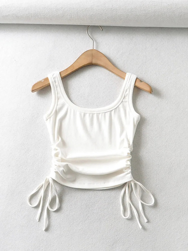 Recién llegado, camiseta informal para niñas, color sólido, con cordón ajustable en dos lados, fruncido, sexy, sin mangas y camisola.