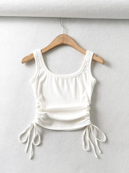 Recién llegado, camiseta informal para niñas, color sólido, con cordón ajustable en dos lados, fruncido, sexy, sin mangas y camisola.