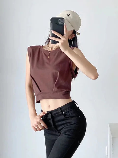 Nueva llegada primavera verano color sólido casual suelto corto cuello redondo camisetas sin mangas chaleco deportivo top plegable