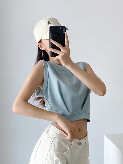 Nueva llegada primavera verano color sólido casual suelto corto cuello redondo camisetas sin mangas chaleco deportivo top plegable
