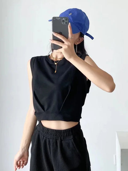 Nueva llegada primavera verano color sólido casual suelto corto cuello redondo camisetas sin mangas chaleco deportivo top plegable